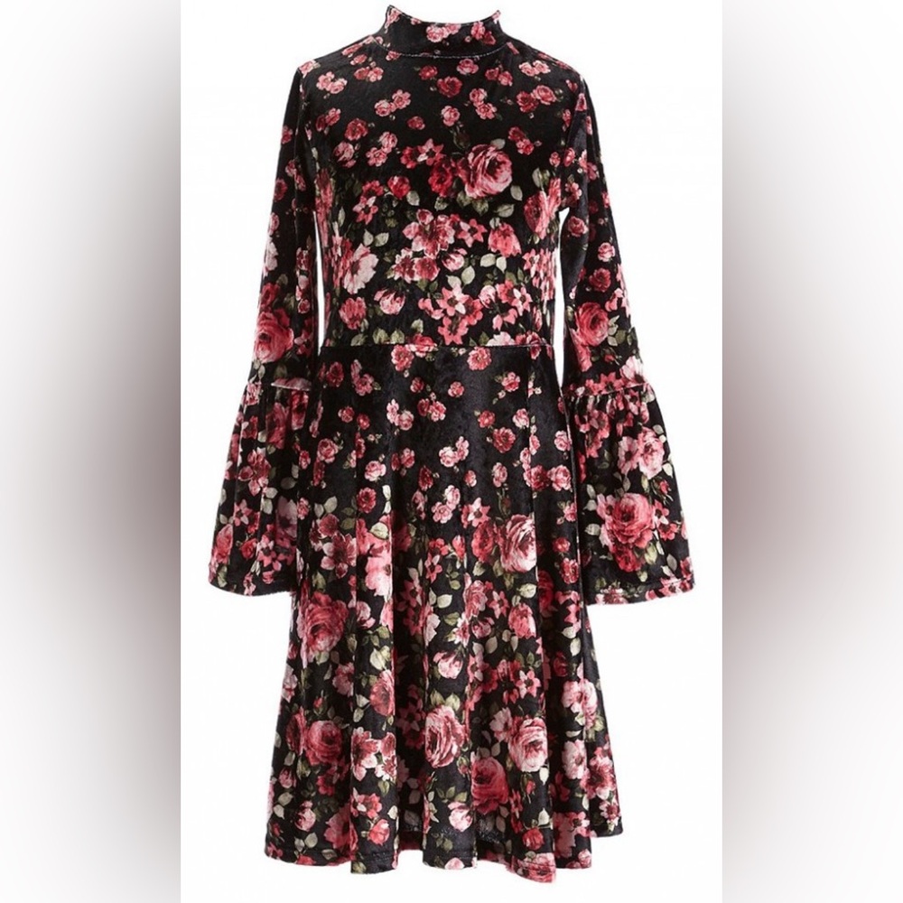 GB Girls romantic , fairy Black and Pink floral velvet  Dress with Bell Sleeves